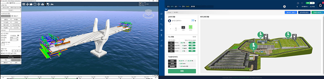 BIM Use Live(시공 BIM) 경연에서 우수성을 증명한 BIM 기반 가설 장비 시공 안전성 검토 화면(좌), 빅데이터, AI 및 IoT 기술을 융합한 현대건설의 디지털기술 기반 안전관리 플랫폼이 스마트 안전기술 분야의 혁신상을 수상했다(우) BIM Use Live(시공 BIM) 경연에서 우수성을 증명한 BIM 기반 가설 장비 시공 안전성 검토 화면(좌), 빅데이터, AI 및 IoT 기술을 융합한 현대건설의 디지털기술 기반 안전관리 플랫폼이 스마트 안전기술 분야의 혁신상을 수상했다(우)